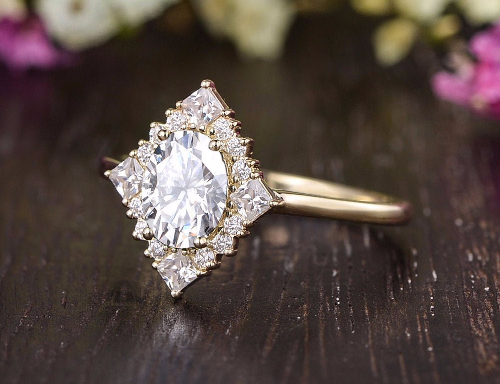 0.75 CT Oval Cluster Halo Moissanite Engagement Ring 3