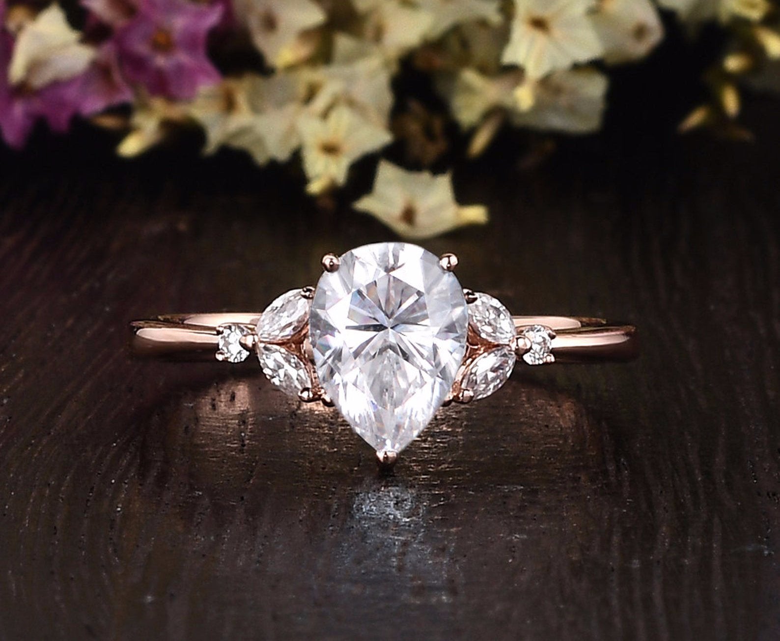 0.75 CT Pear Cluster Moissanite Engagement Ring 4